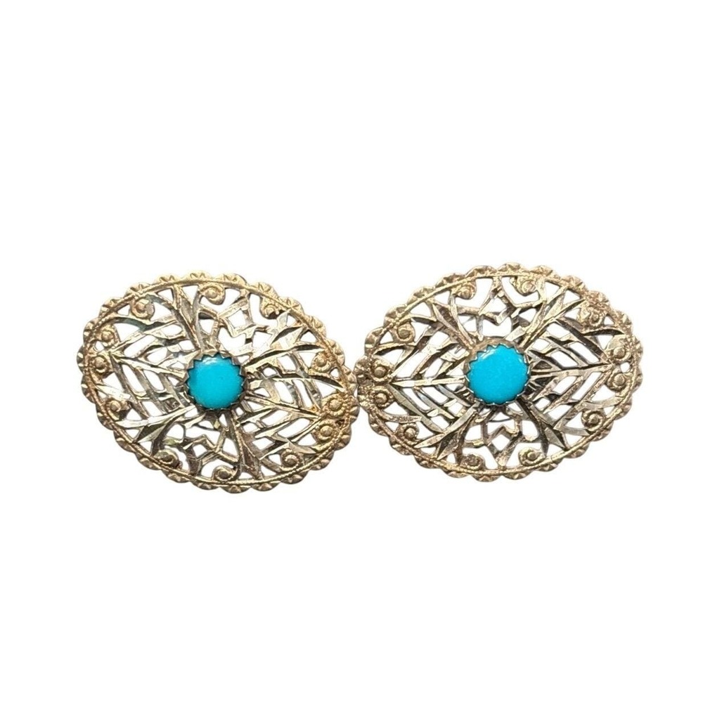 Southwestern Oval Sterling Silver Filigree Turquoise Post Earrings Tribal‎